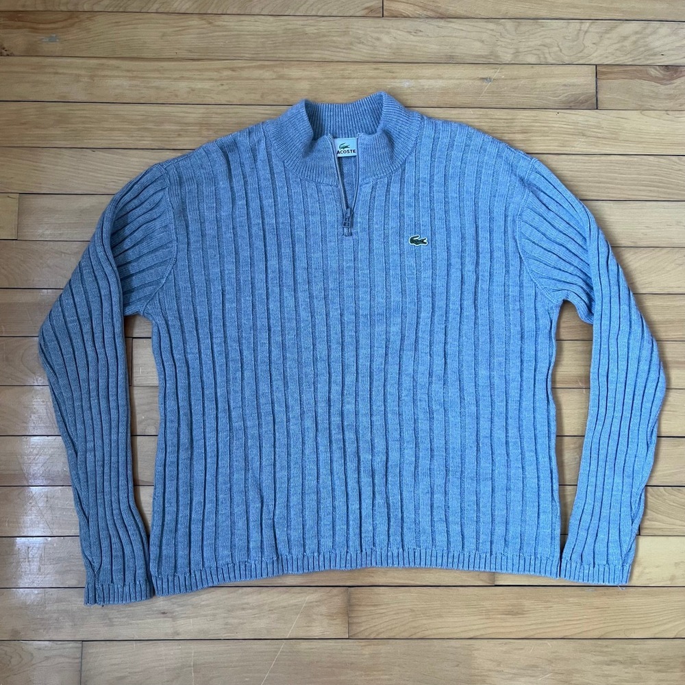 Lacoste Mens Ribbed Wool Blend Quarter Zip Sweater Light Blue Mock Neck Size 16
